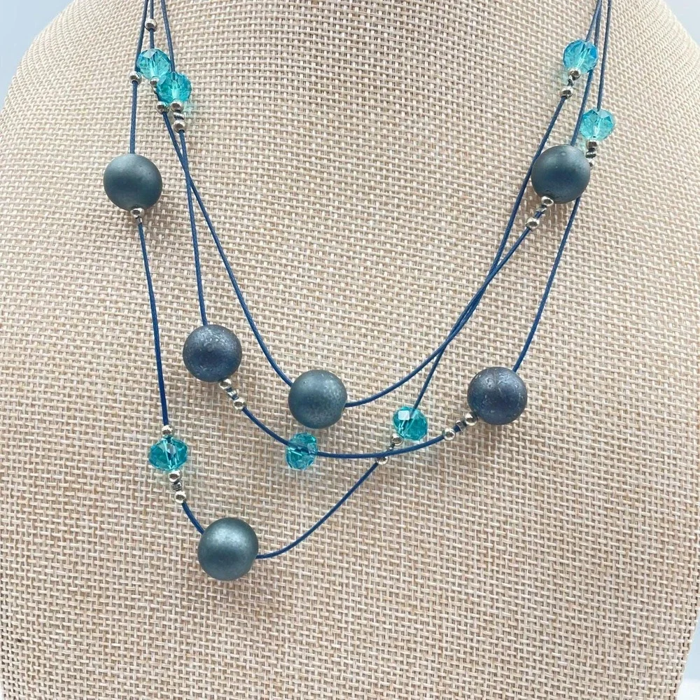 Vtg Artisan Multi-Layer Blue Cord Necklace Teal Glass Crystal Gunmetal Grey Bead
